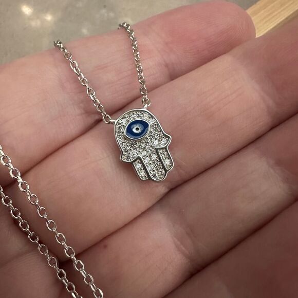 Sterling Silver Hamsa CZ Necklace with Evil Eye, Minimalist, Protection - Picture 5 of 7